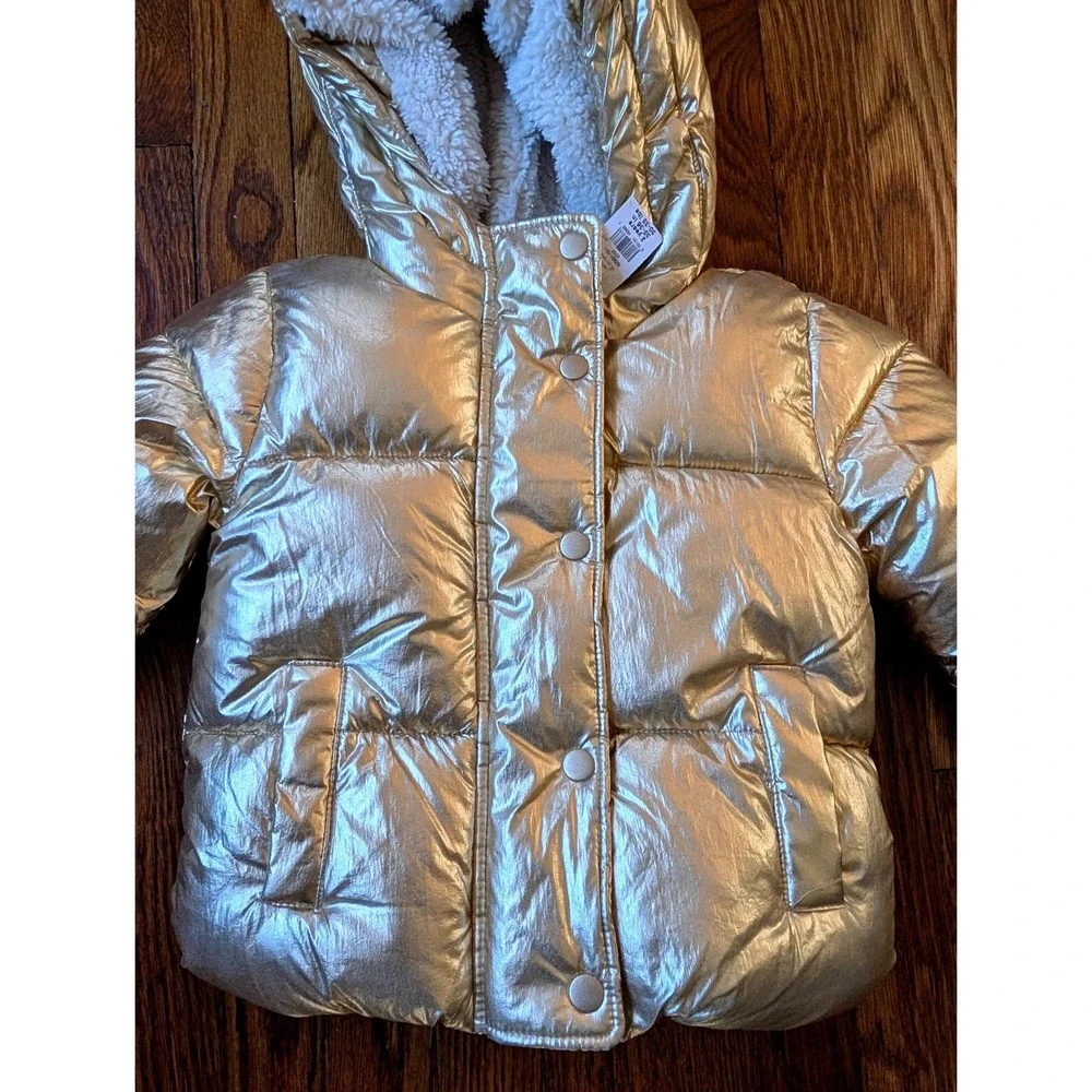 Baby Gap Gold‎ Metallic Sherpa Lined Puffer Jacket Hooded Coat 2T New Shiny Fun